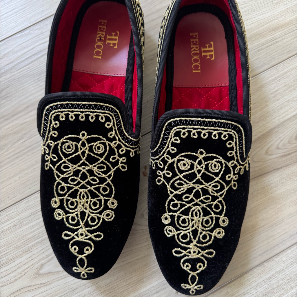 Ferucci Black Velvet Gold Embroidered Threads Loafer Size 11 Prom Wedding Shoes